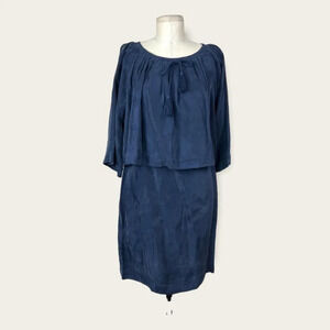 Apiece Apart Dress Cape Sleeve Layered Sheath Tasseled Cupro Navy Blue Size‎ 6